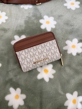 Michael Kors Brown and Signature Logo Zip Card Case Wallet